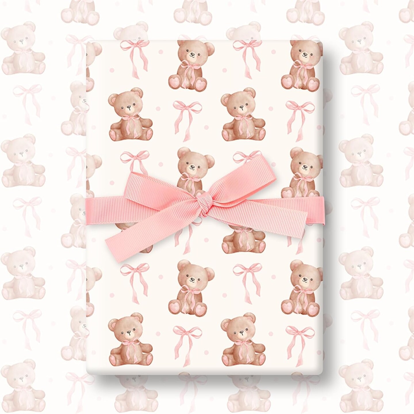 6 Sheets Bear Wrapping Paper – Pink & Brown Ribbon Bow Design, Flat Gift Wrap for Birthday, Baby Shower & DIY Crafts (19.7" x 27.6")