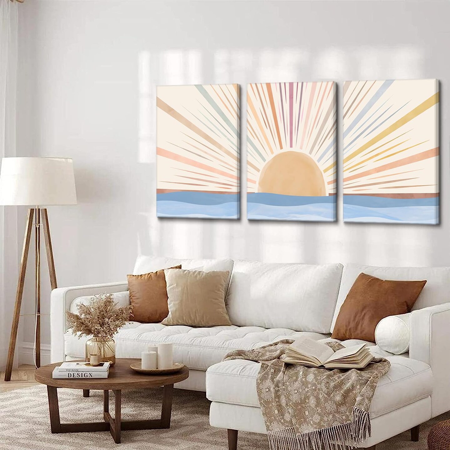 3Pcs Summer Framed Boho Canvas Wall Art Sun Sunrise Yellow Line Pictures Prints Wall Decor Modern Mid Century Rainbow Posters Nature for Living Room Bedroom Bathroom Office Home Decoration12x16inx3