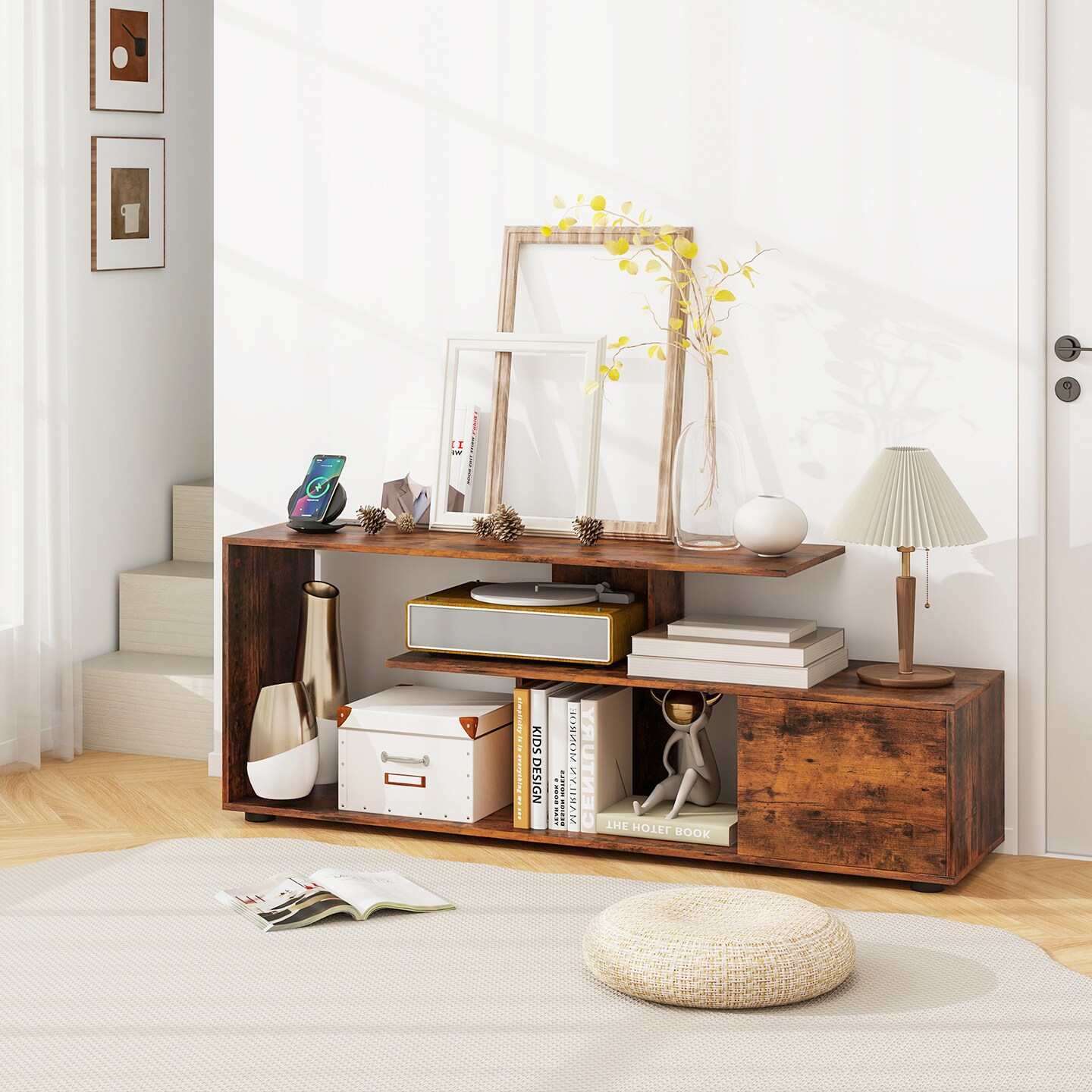 Engineered Wood TV Stand with Built-in Power Outlet, Storage and Adjustable Feet