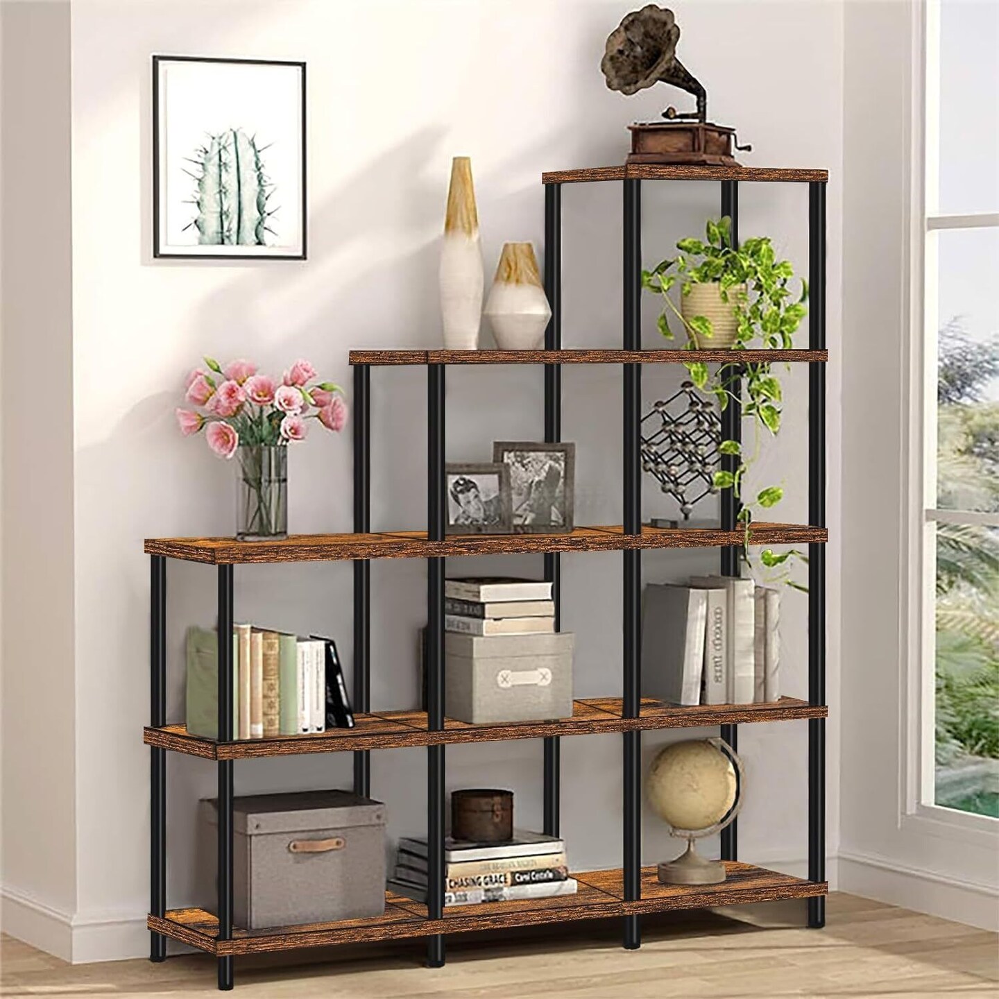 71&#x22; Tall Rustic Brown Ladder Bookshelf &#x2013; Vintage Corner Bookcase with 5 Open Shelves, Sturdy Chipboard &#x26; Metal Frame for Home Office, Apartment, Dorm &#x2013; Easy Assembly