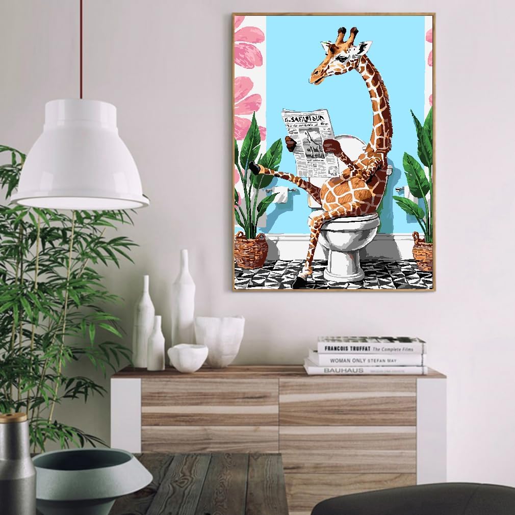Paint by Number Kit for Adult, Easy Toilet Giraffe Acrylic Paint by Numbers Kits on Canvas, Animal Oil Painting Kits Adults&#x27; Paint-by-Number Kits for Home Wall Decor 12x16inch