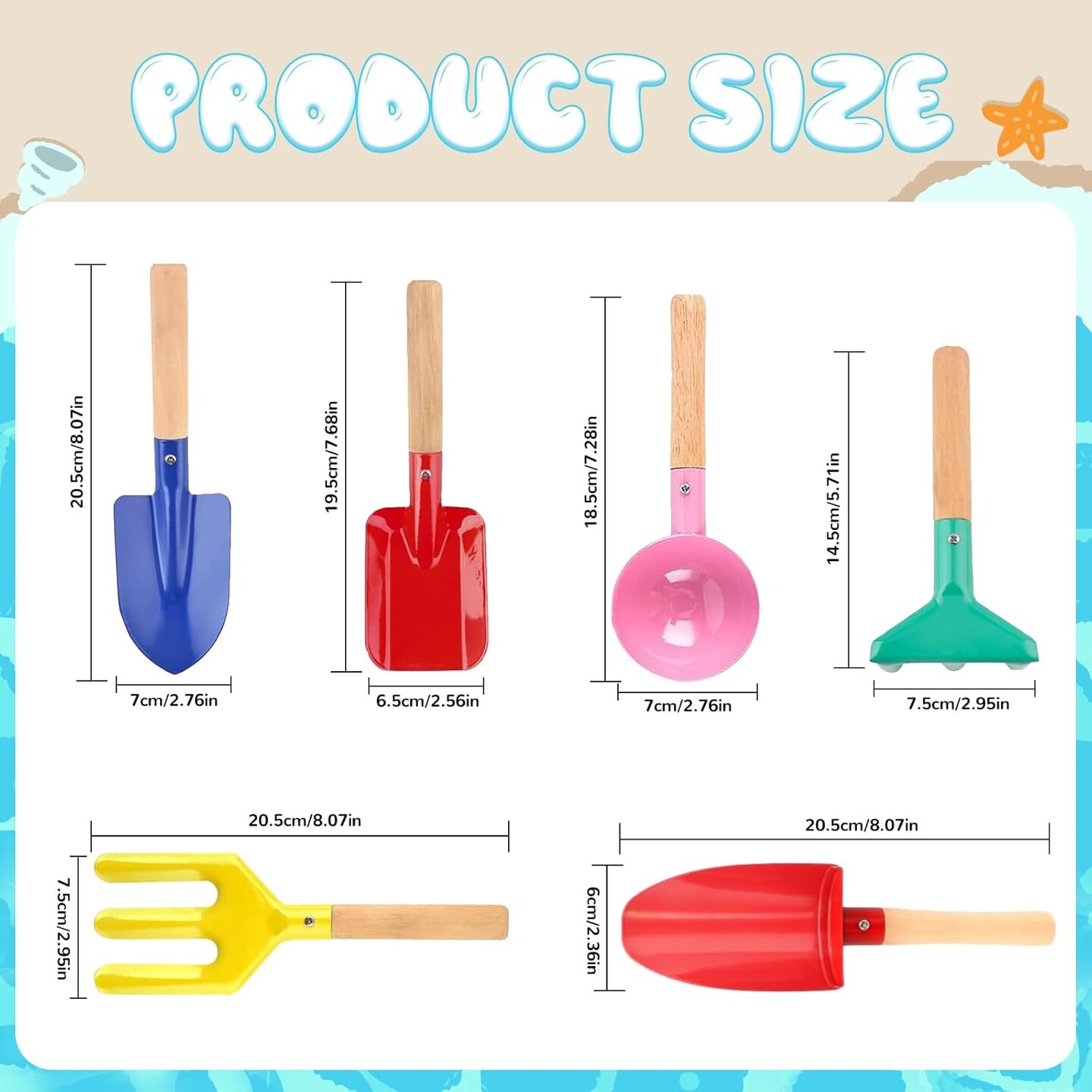 Summer Beach Toys, 6 Pcs Children Beach Sand Toys, 8&#x27;&#x27; Kids Gardening Set Metal Garden Tools with Sturdy Wooden Handle,Safe Kids Shovel with Cylinder, Spoon, Fork, Rake, Flat Shovel &#x26; Pointed Shovel