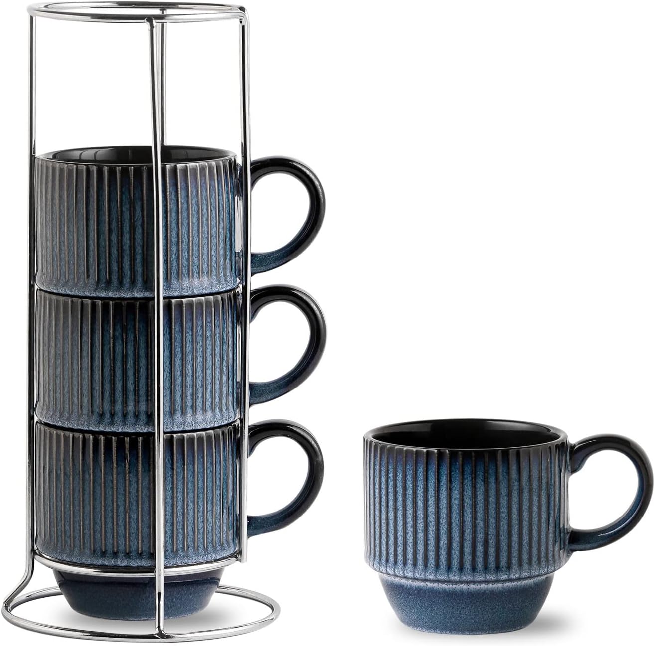 Navy Coffee Mugs Porcelain Set of 4 with Rack