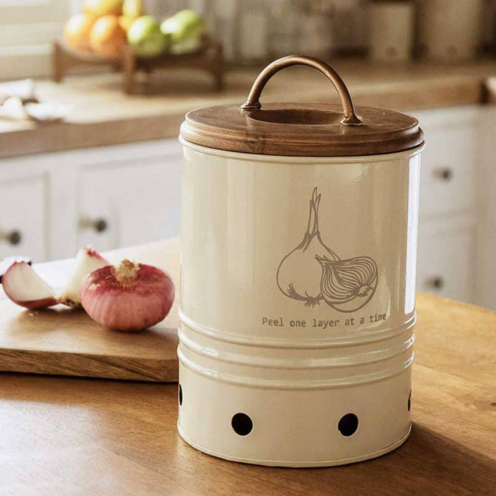 Metal Onion Storage Bin with Wooden Lid - Stylish and Durable Kitchen Storage Solution-5.5X5.5X8.9&#x22;
