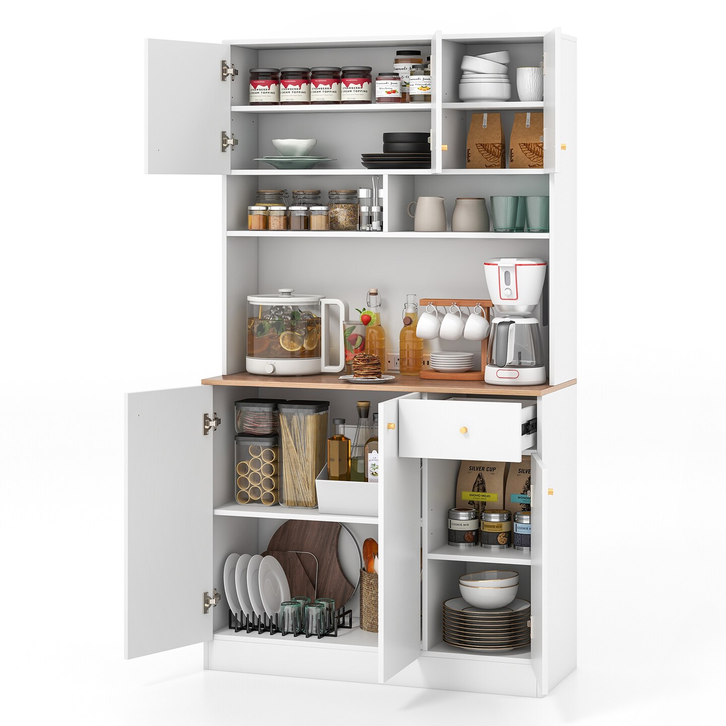 White MDF Engineered Wood Kitchen Pantry Cabinet with Power Outlets