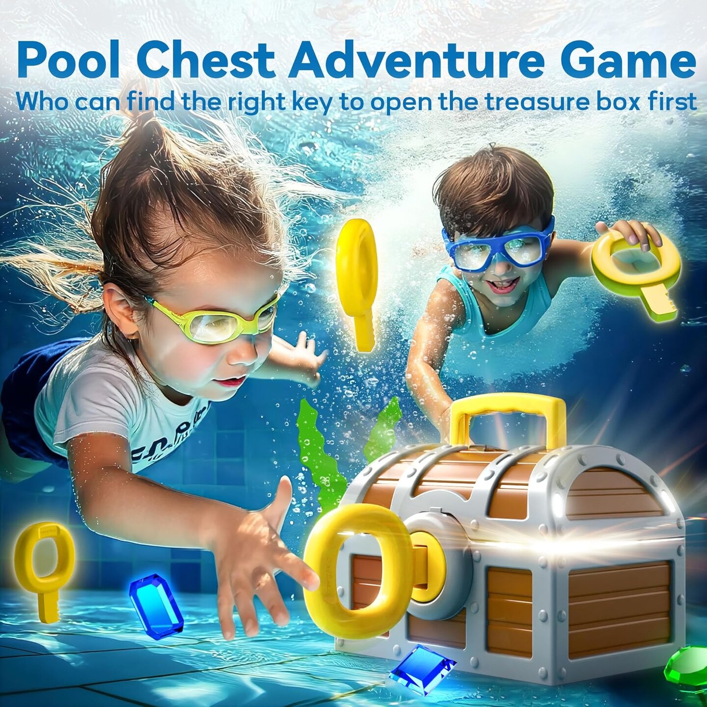 Summer Pool Wave Kids Diving Pool Toy, Large Treasure Chest Water Dive Game W/Keys Gems Fish, Toddler Outdoor Swimming Treasure Box Playset, Fun Summer Swim Party Gifts 3 4 5 6 7 8 10 12 Year Old Boy Girl