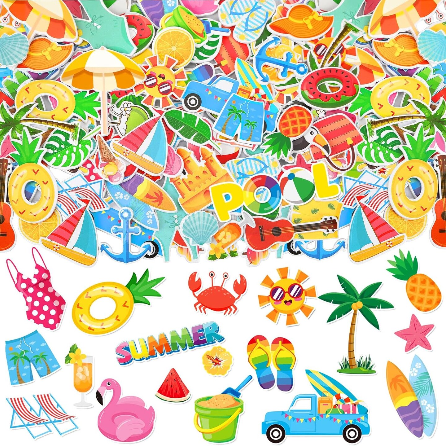Summer Foam Stickers,300 Pcs Bulk Self-Adhesive Hawaiian Beach Stickers for Arts Crafts Beach Theme Summer Birthday Party Favors Decoration Home DIY Supplies