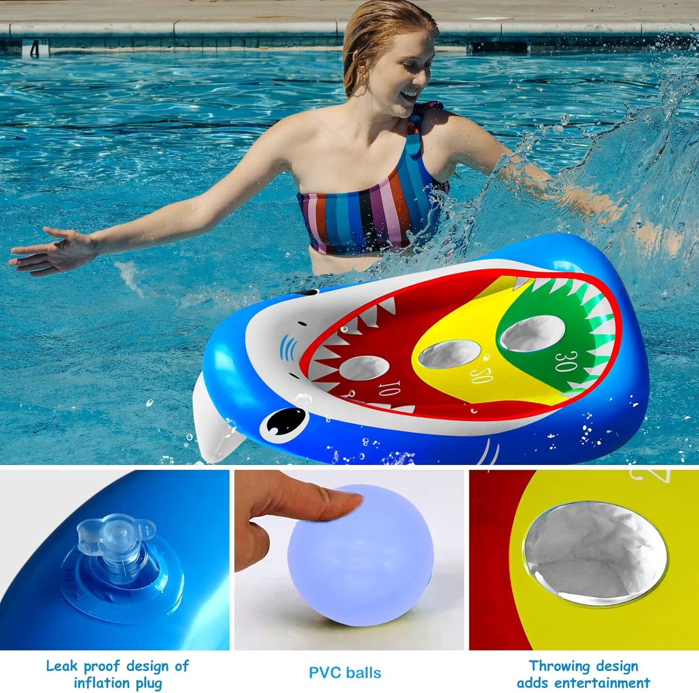 Pool Shark Cornhole Board Games Toys Set, Summer Inflatable Shark Floating Swimming Pool Ring Toss Toys for Kids Adults Family for Pool Party Water Carnival