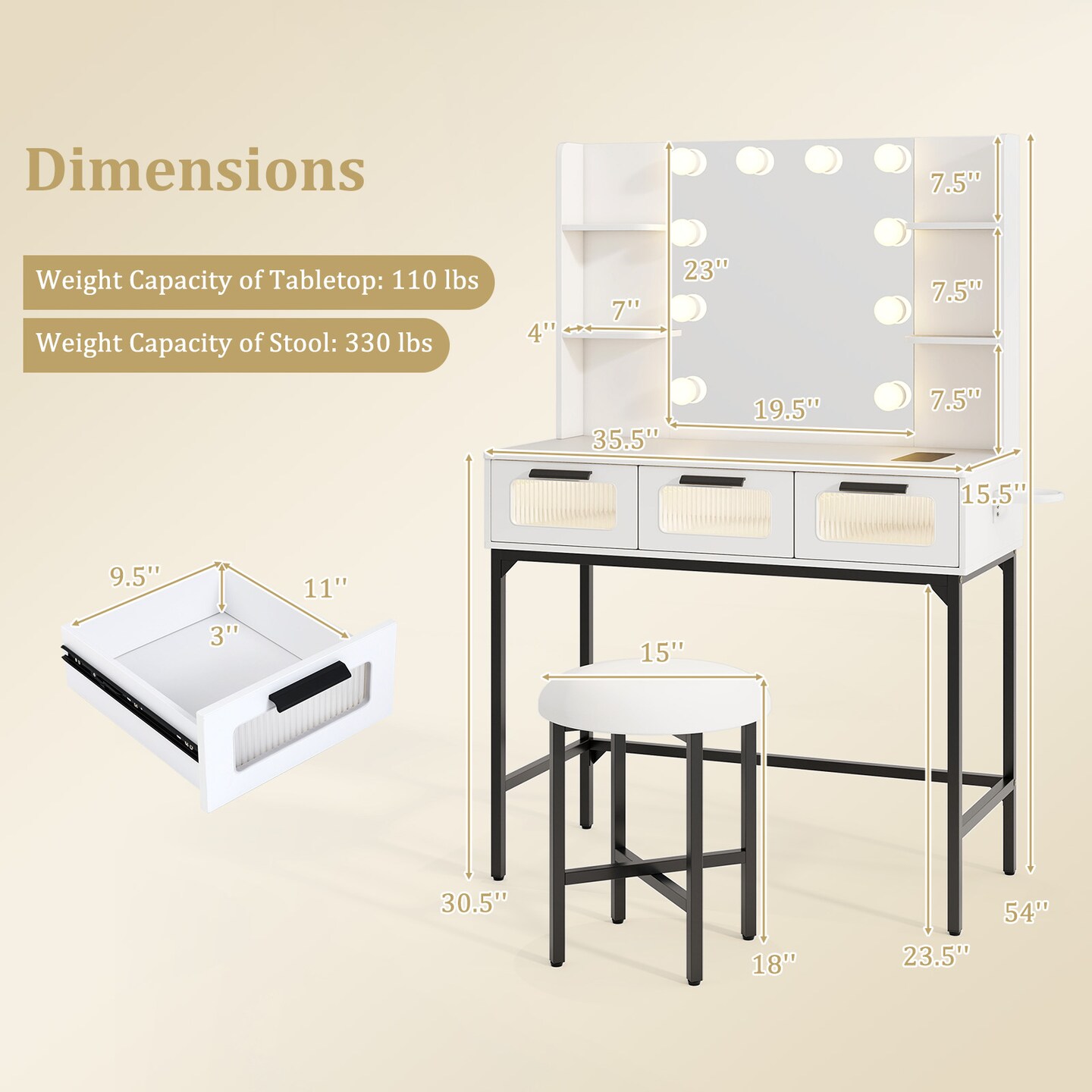 White Vanity Set with 3-Color LED Mirror, Charging Station &#x26; Storage
