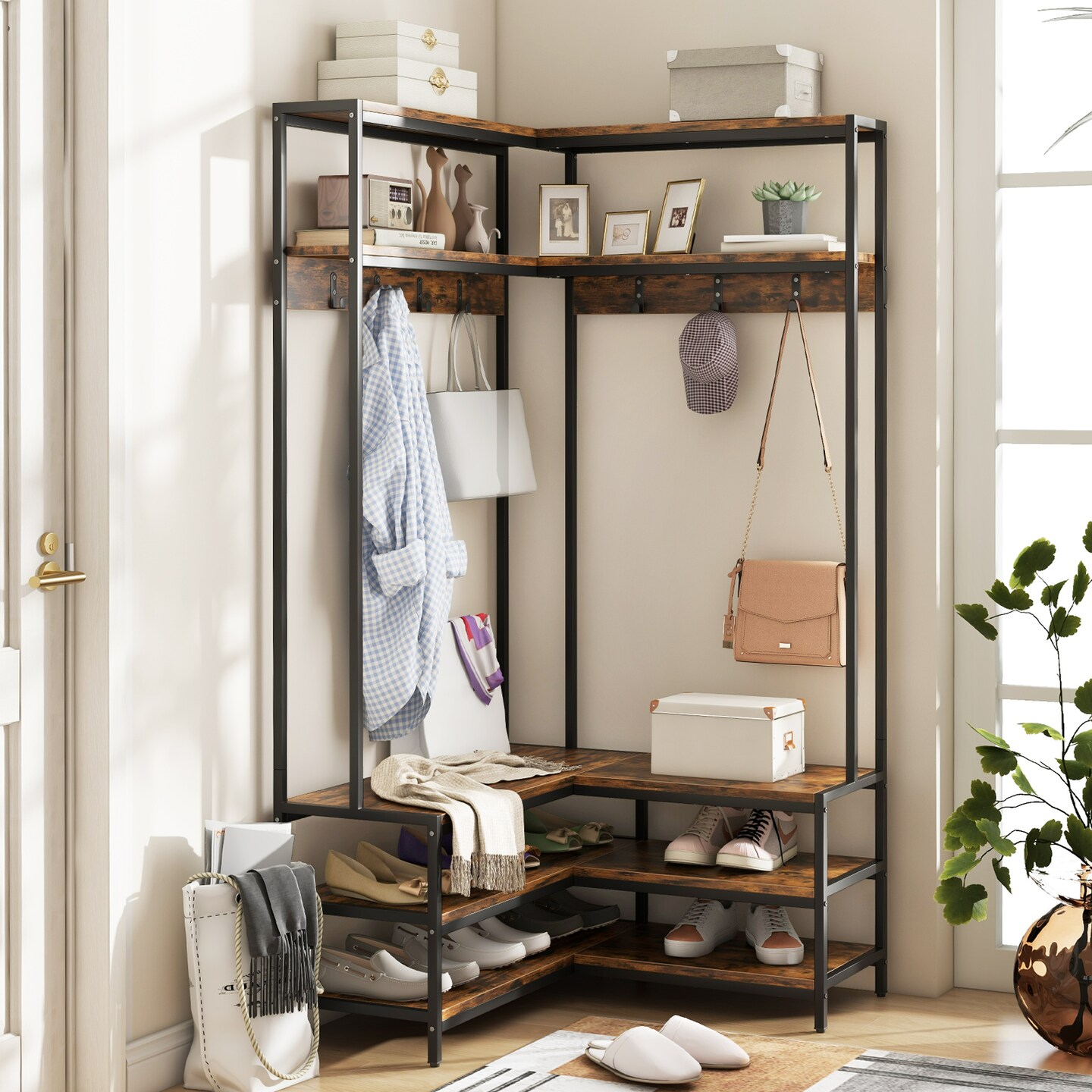 Multi-purpose Coat Rack with Open Shelves & Metal Hooks for Storage