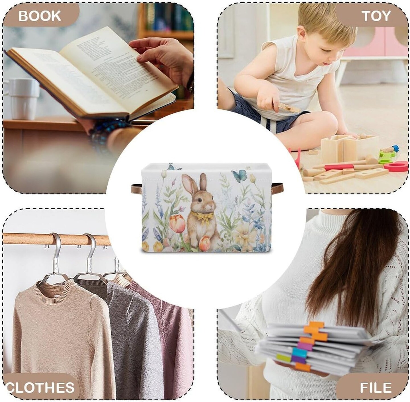 Easter Foldable Storage Baskets,Grass Rabbit Storage Bins with Handles, Decorative Cloth Organizer Storage Boxes for Home Office