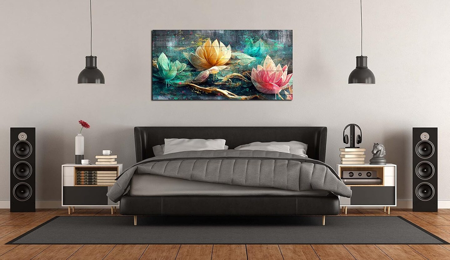 Summer Lotus Flower Wall Art for Living Room, Floral Canvas Wall Decor for Bedroom, Teal Vintage Print Painting, Colorful Artwork for Home, Aesthetic Picture Decoration, Size 40x20