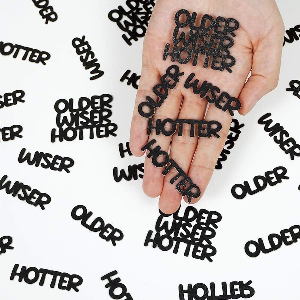 Older Wiser Hotter Glitter Confetti (100 Pack) – Black & Gold Birthday Table Scatter for Women & Men – 30th, 40th, 50th, 60th Milestone Party Decorations – Humorous Anniversary Sprinkle Decor – Premium Double-Sided Glitter Cardstock