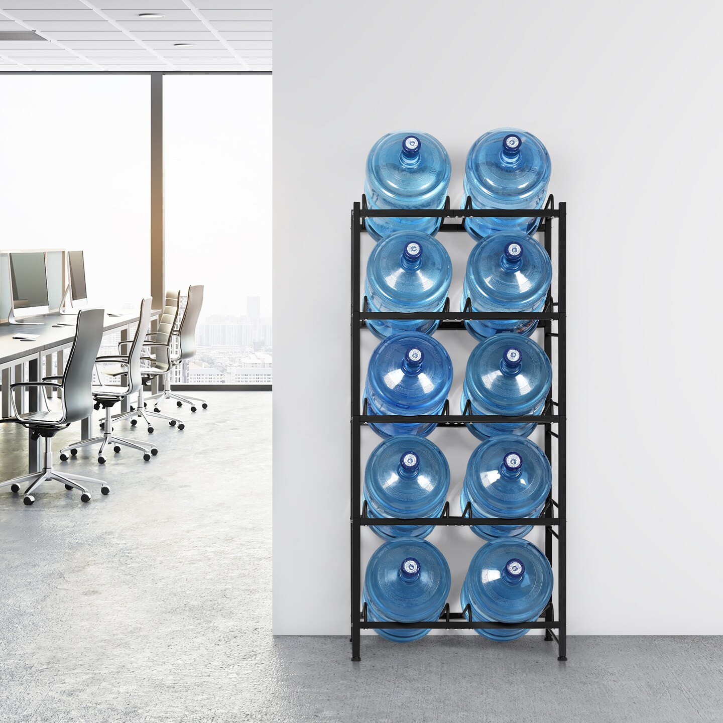 5-Tier Heavy Duty Water Cooler Jug Rack &#x2013; 10-Slot Metal Storage Shelf for 5-Gallon Bottles, Detachable Floor Protector for Home/Office/Kitchen, Black
