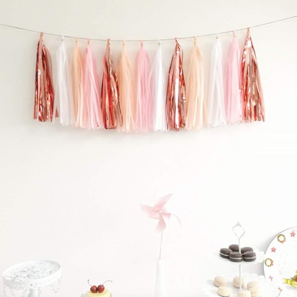 20PCS Shiny Tassel Garland Tissue Paper Tassel Banner,Table Decor,Tassels Party Decor Supplies - Rose Gold,Peach Color,Light Pink,White