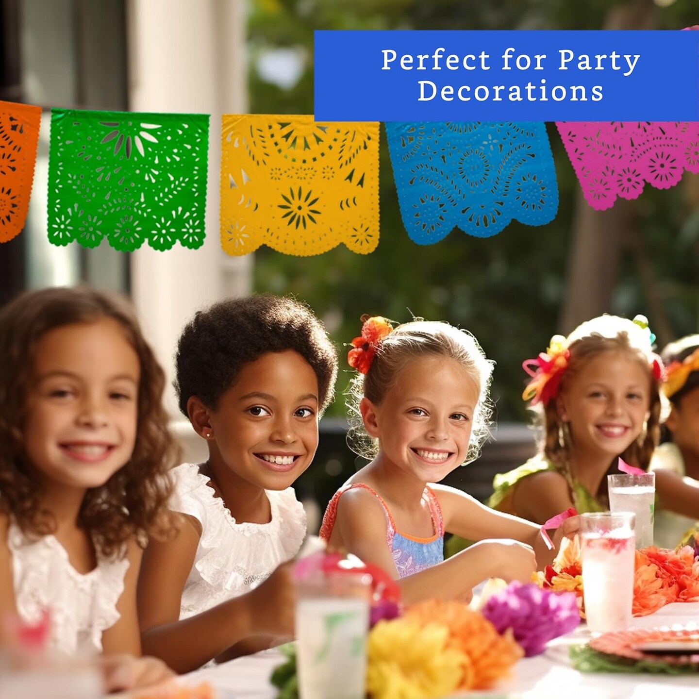 Mexican Party Banners (2 Pack with 10 Plastic Flags per Banner) - Papel Picado Mexicano Para Fiesta - Plastic Papel Picado - Fiesta Themed Party Decorations - Mexican Decor