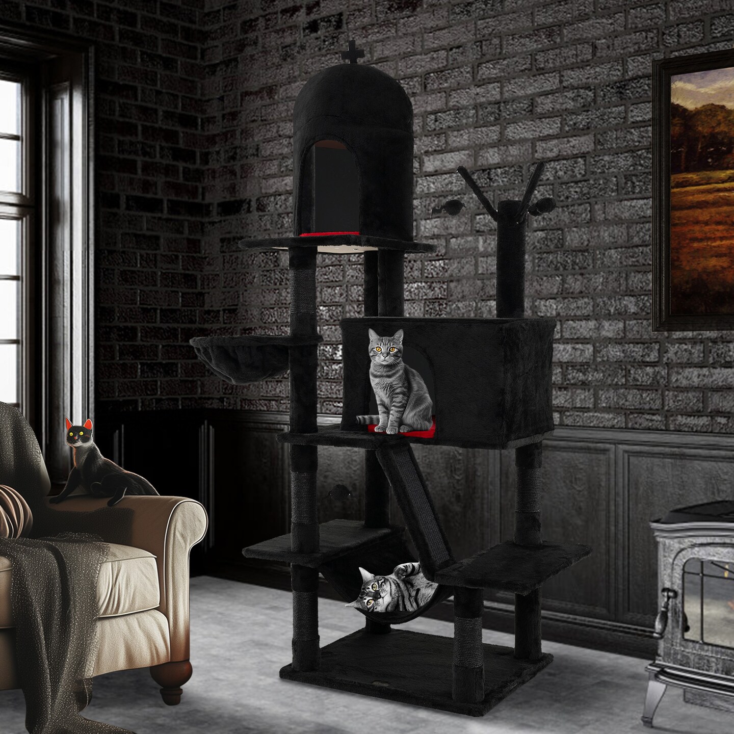 Black Gothic Cat Tree with Sisal Scratching Posts and Cozy Beds