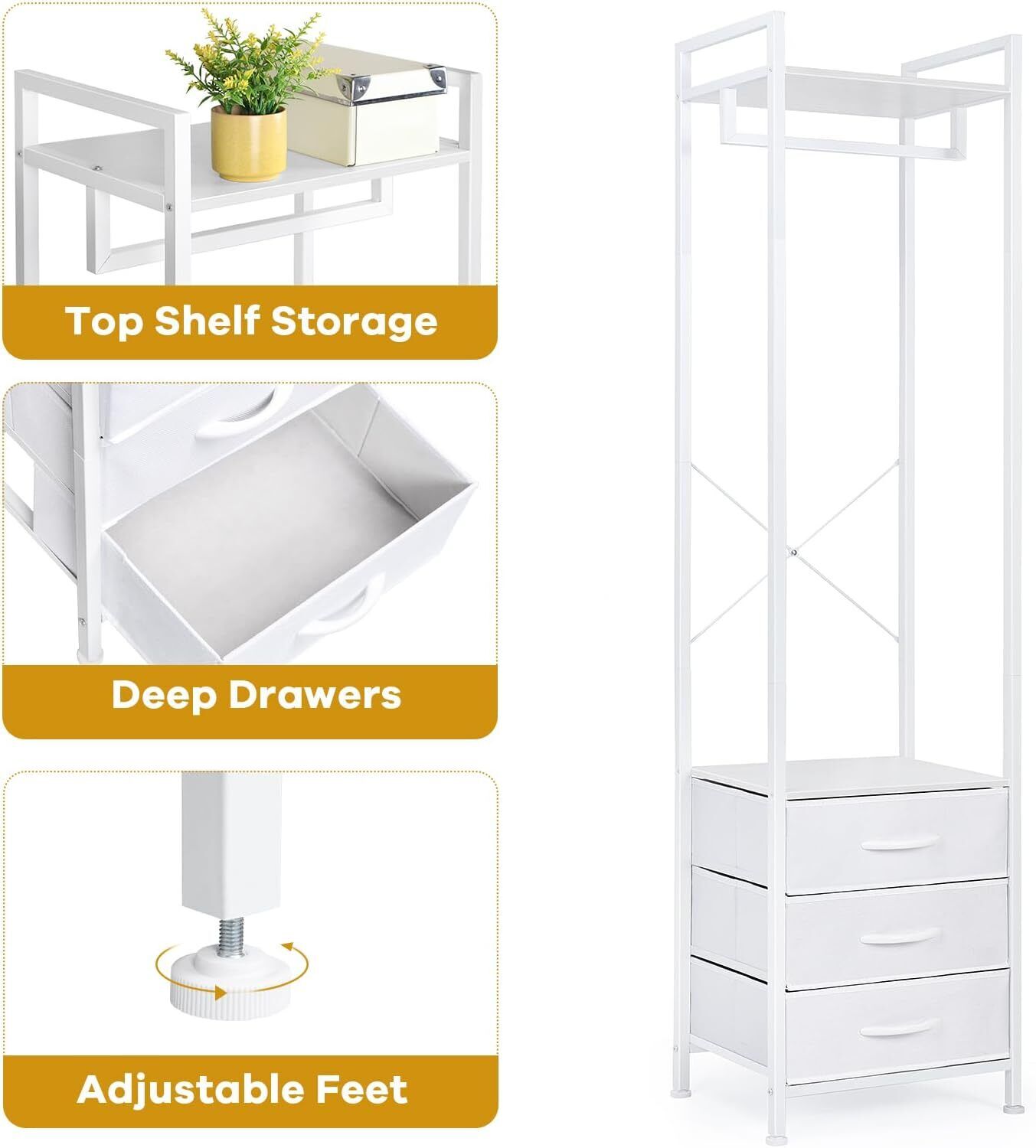White Heavy Duty Garment Rack with 3 Drawers | Space-Saving Clothing Organizer for Small Spaces | Modern Industrial Wardrobe with X-Brace Stability