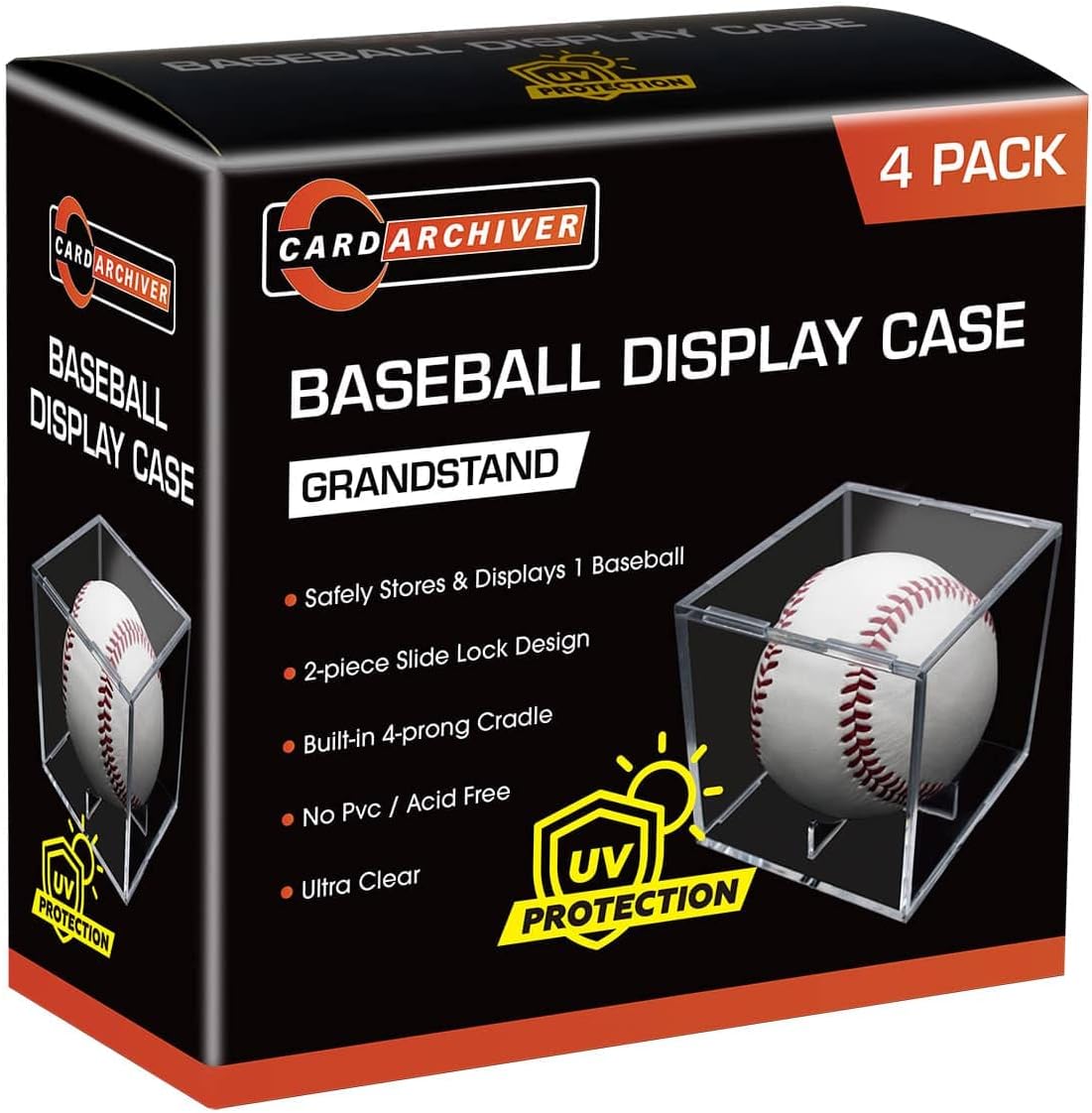 4 Pack Baseball Display Cases - UV Protected Acrylic Square Baseball Holder, Official Size Baseball Display Boxes, Clear Display Cube Baseball Memorabilia Showcase Autographed Ball Protector