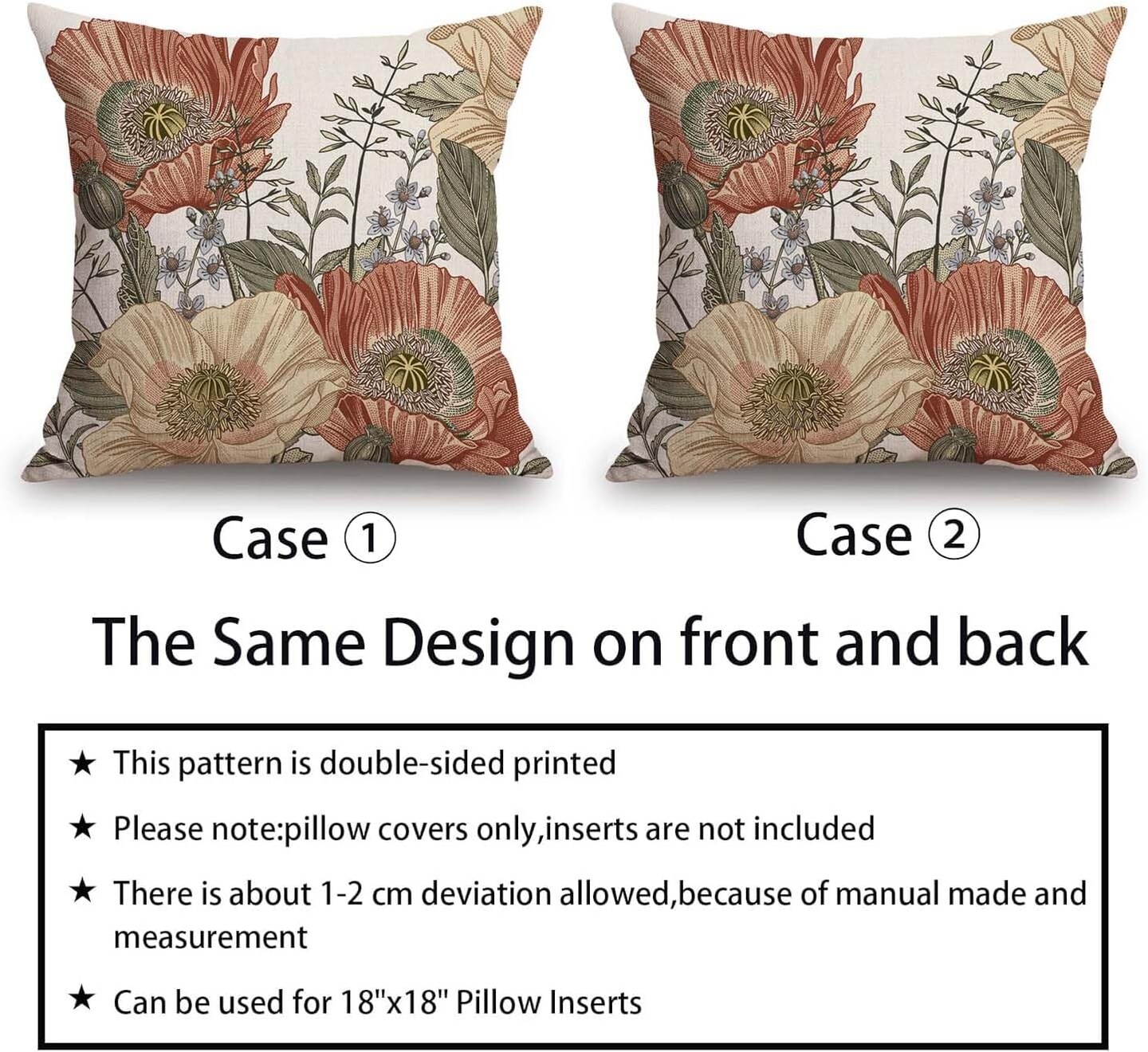Vintage Flower Throw Pillow Covers 18x18 Brown Rust Colored Floral Botanical Pattern Decorative Pillows Outdoor Linen Farmhouse Cushion Case Country Pillowcase for Sofa Bed Room Decor Set of 2