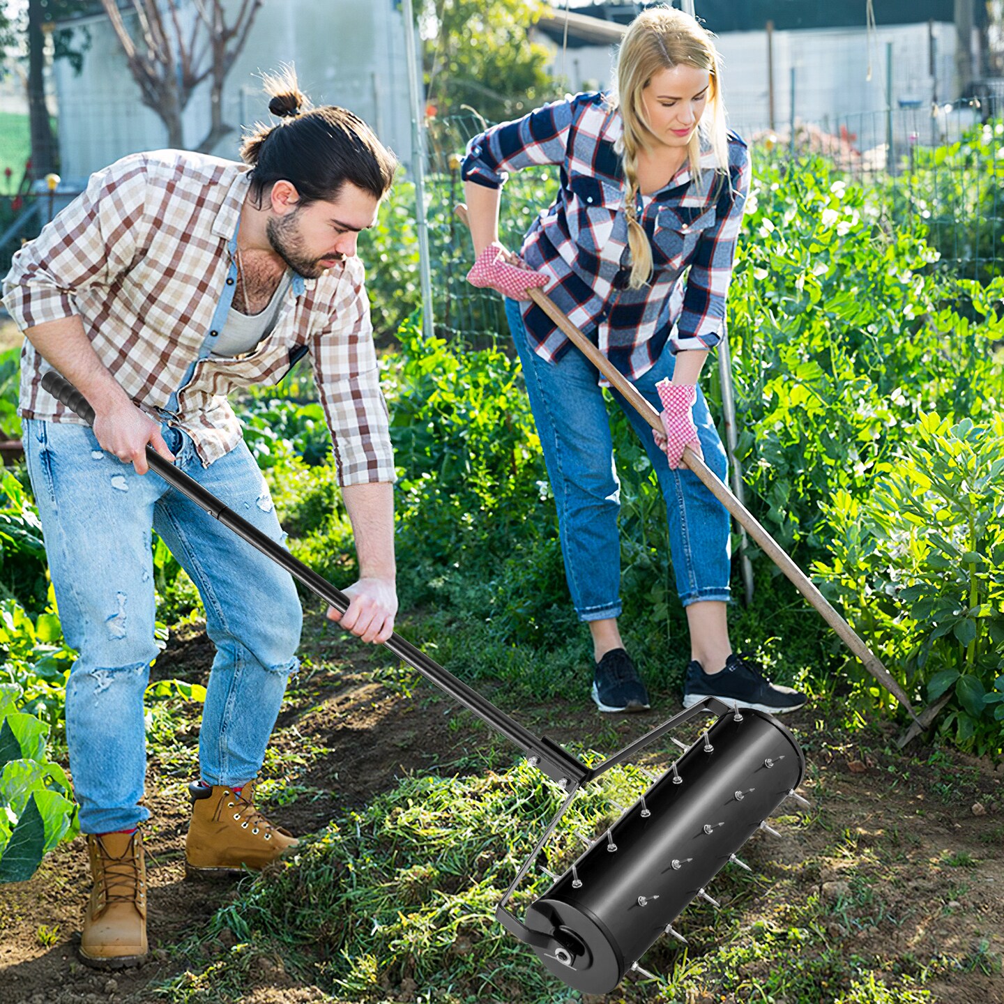 Spike Lawn Aerator with Galvanized Steel Drum, Detachable Handle and Sand Filling