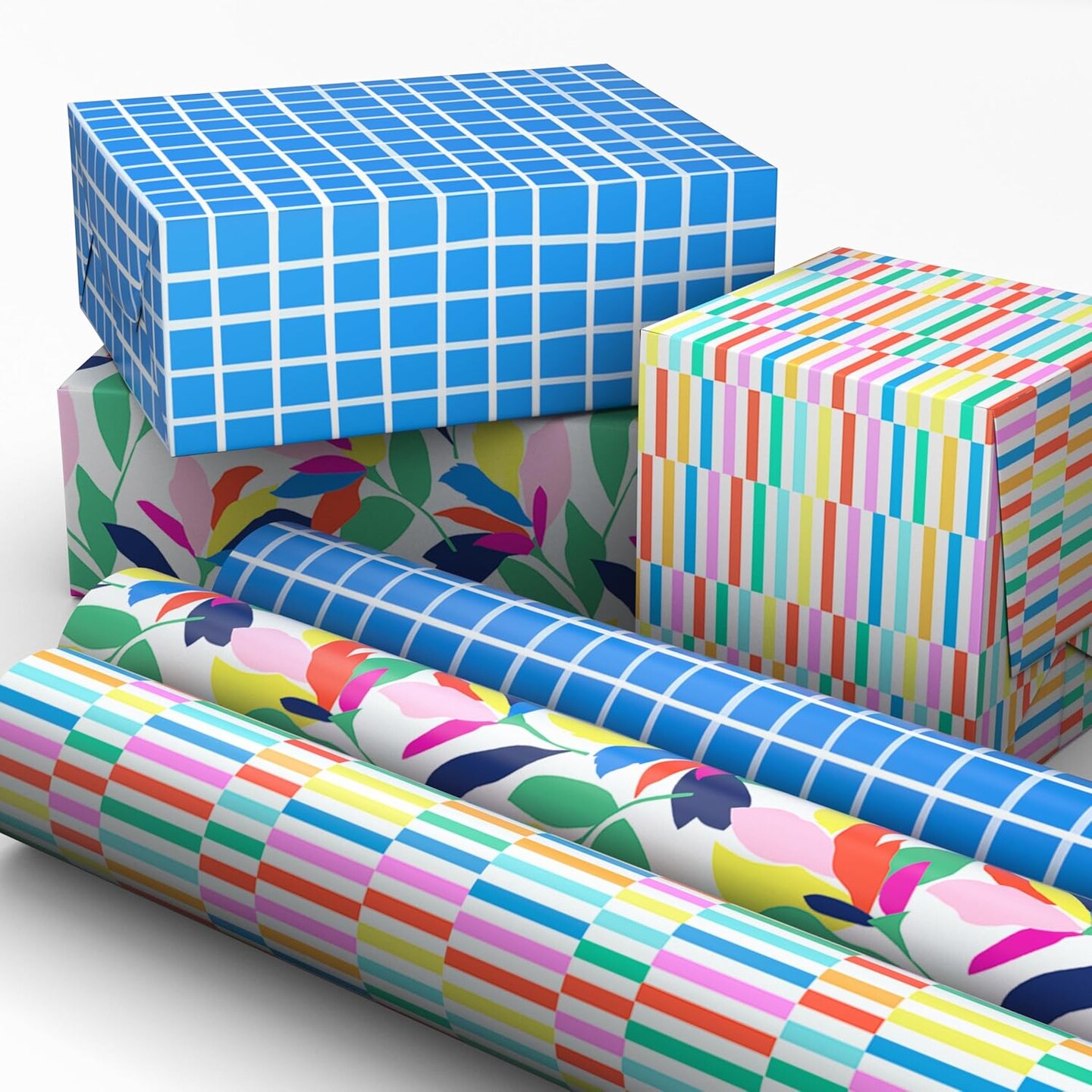 3-Pack Mini Wrapping Paper Rolls – Blue Plaid, Spring Flowers & Rainbow Stripes, 45 Sq. Ft. Total, Perfect for Birthdays, Baby Showers, Mother’s Day, and Any Occasion