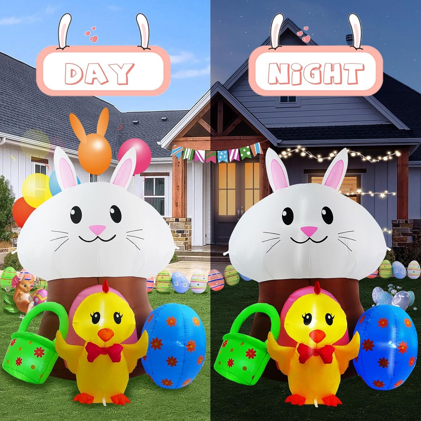 6 FT Easter Inflatable Yard Decorations, Mushroom Rabbit and Colored Egg Chicken Light up Outdoor Decor for Holiday Party Indoor Outdoor Garden Lawn