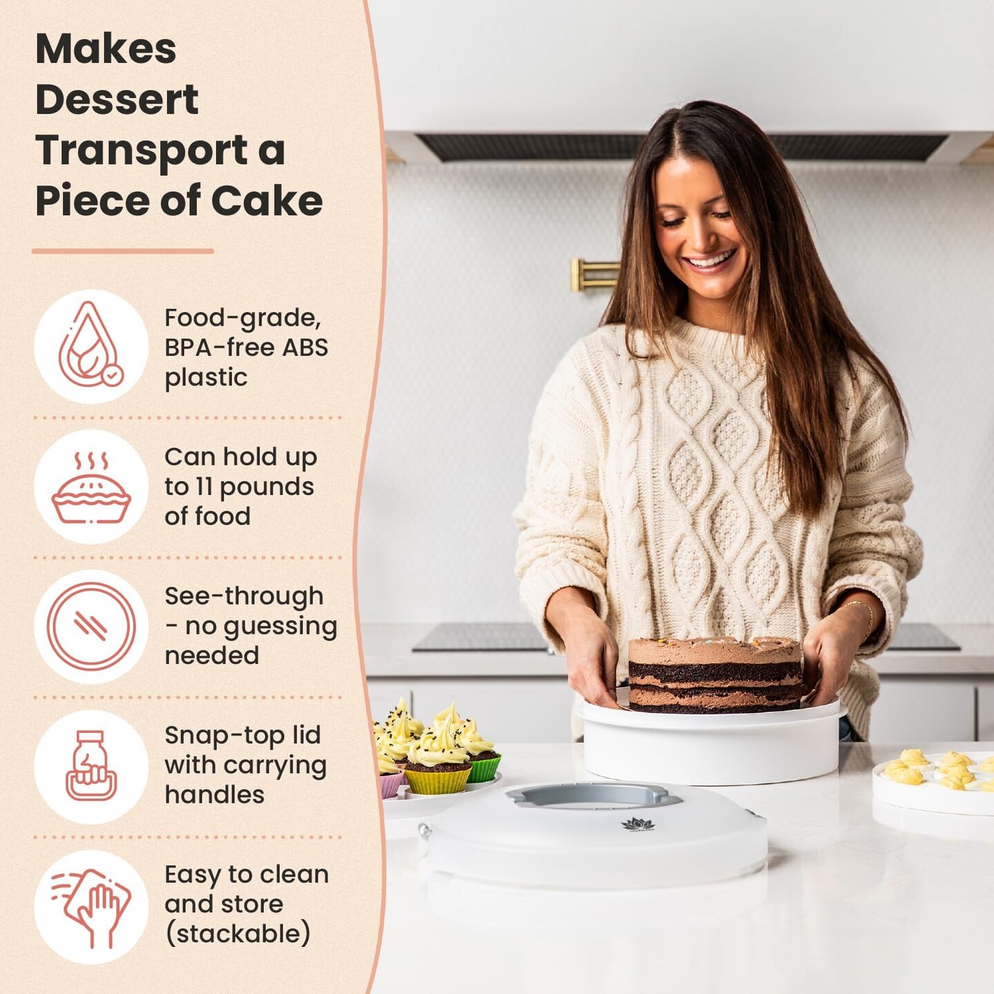 Premium 4 in 1 Cupcake Carrier with Lid - Cupcake, Deviled Egg, Pie &#x26; Cake Container - Includes Pie Crust Shield &#x26; 12 Silicone Baking Cups