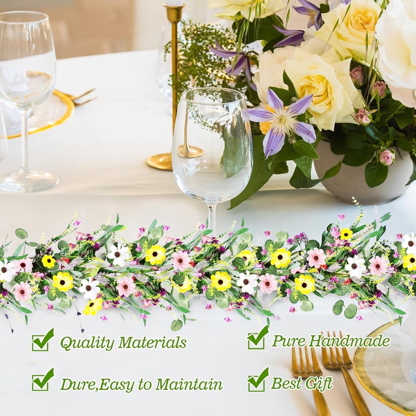 6.5 Ft Summer Flower Garlands Not Withering Wildflower Wreath Garland Floral Garlands for Mantle Indoor Outdoor Wedding Arch Porch Home Farmhouse Decoration