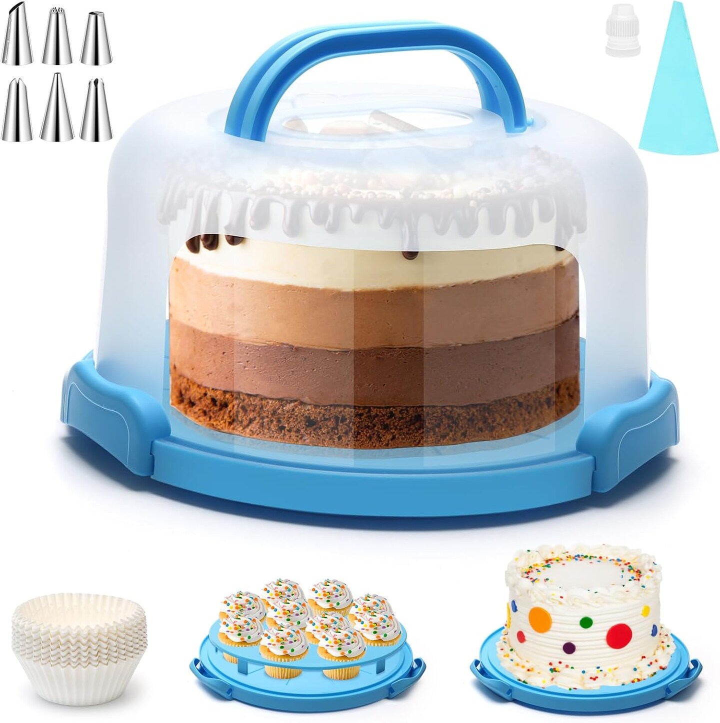 Cake Carrier with Lid and Handle 11inch Round Cake Carrier Portable Cake Stand Plastic Pie Carrier Cake Storage Container for Transport Cakes, Pies (Blue)