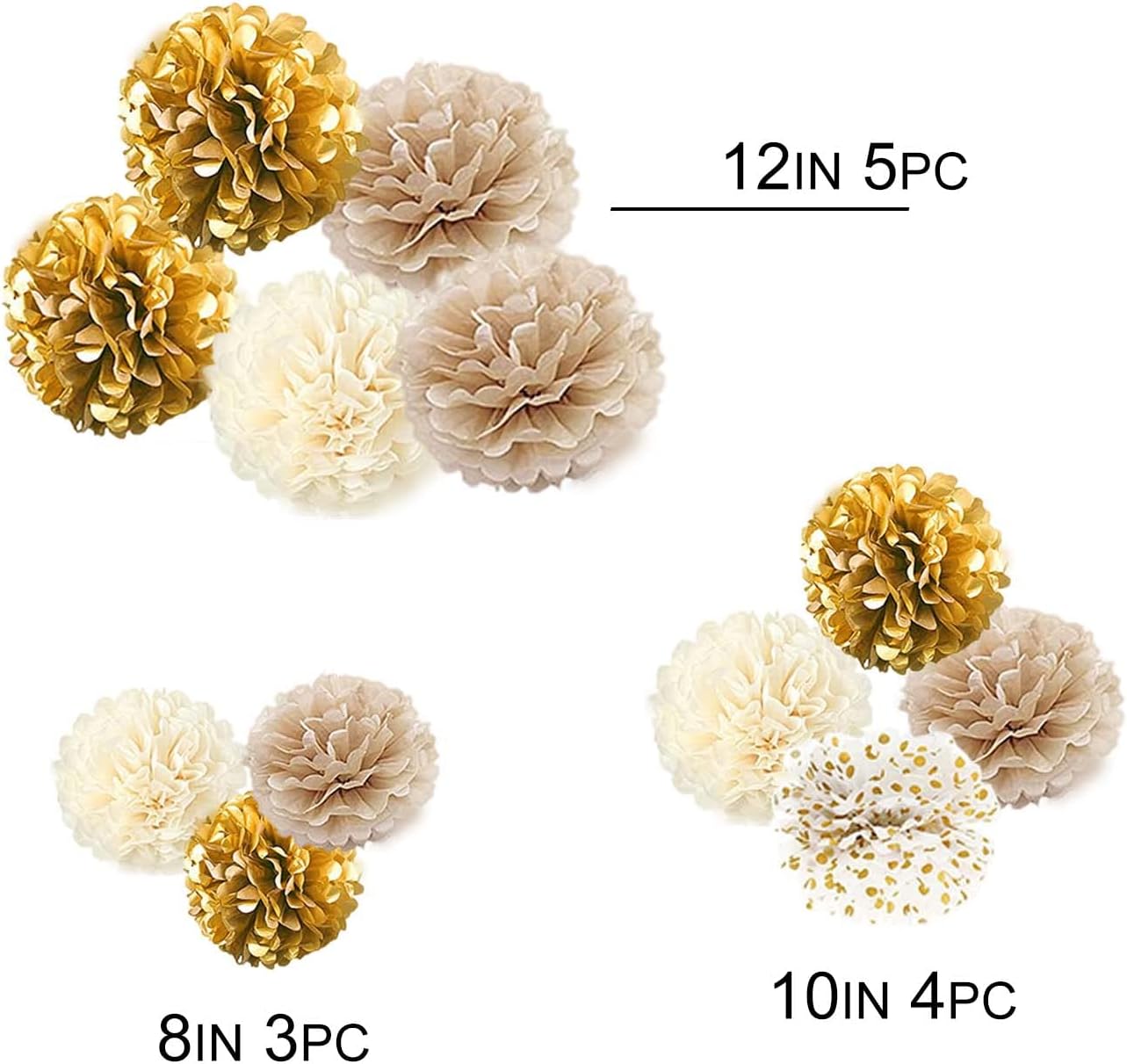 White Gold Champagne Tissue Paper Pom Poms Decor Hanging Tissue Flowers Poms Decorations Pack of 12 for Wedding, Birthday, Baby Shower &#xFF0C;Party Backdrop Decor ect. (12&#x22;, 10&#x22;, 8&#x22; Tissue Paper Flowers)