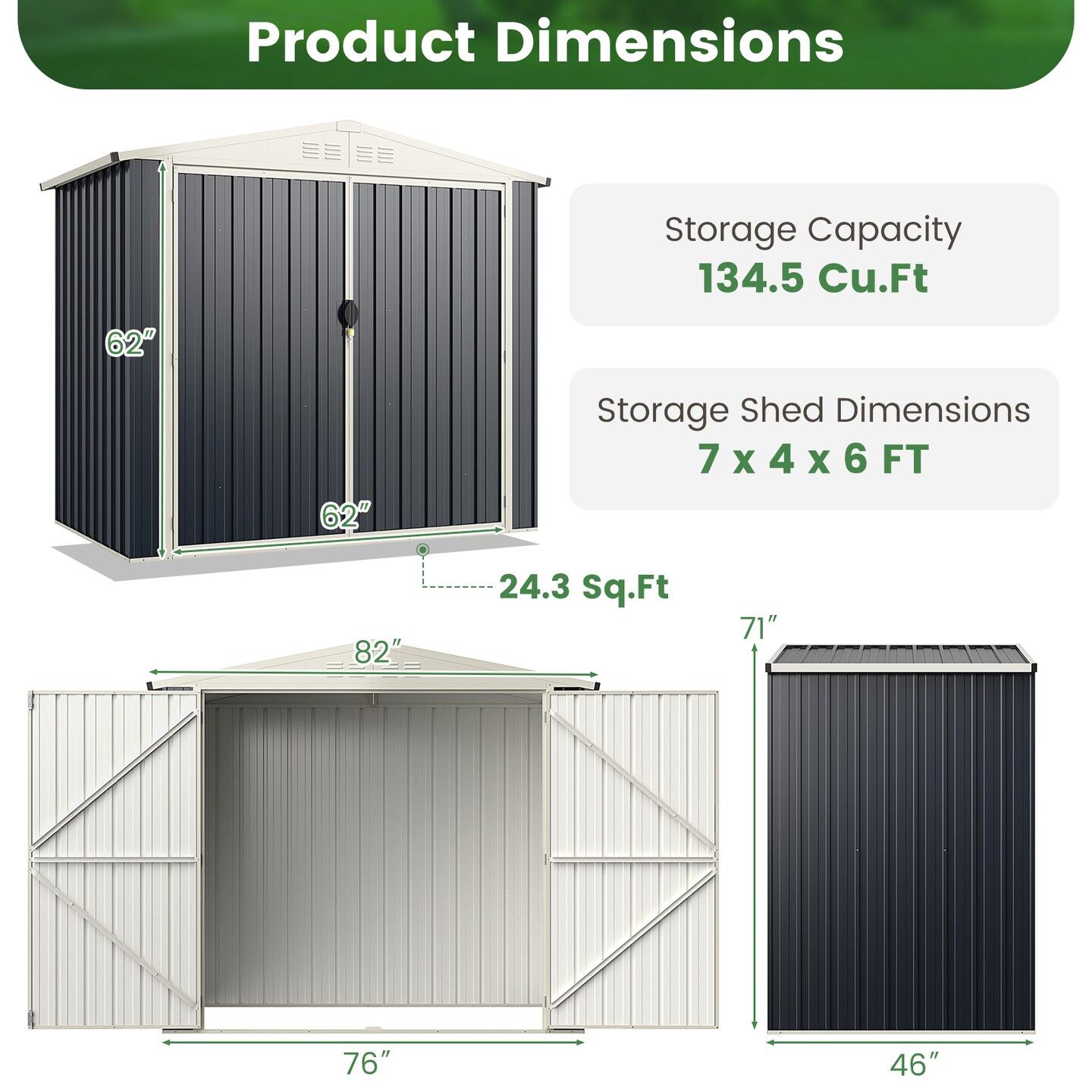 Grey 7 x 4 Feet Metal Multi-functional Outdoor Storage Shed with 2 Lockable Door