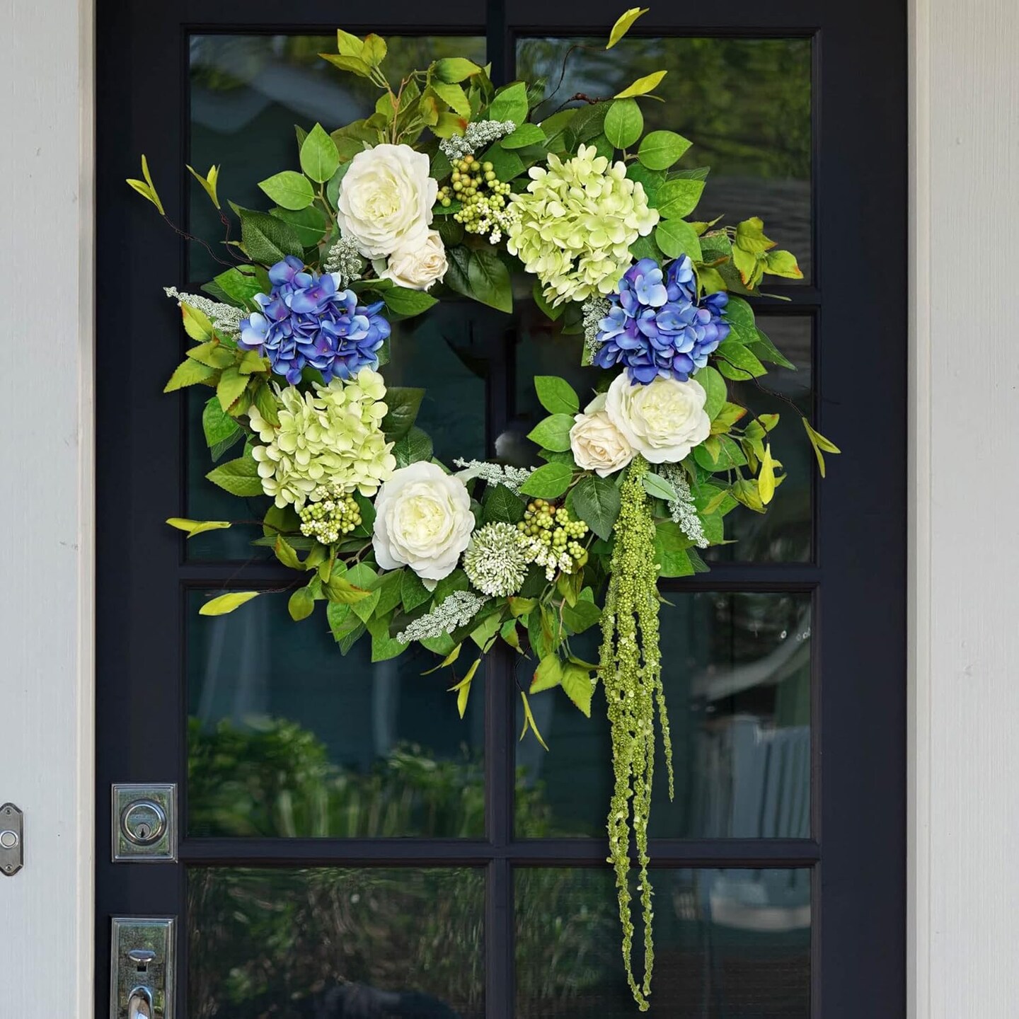 23 Inch Spring Wreaths for Front Door, Blue and Green Hydrangea Flower Door Wreaths Outside, Floral and Seasonal Wreath, Artificial Decor Decorations for Outdoor, Indoors, Valentine
