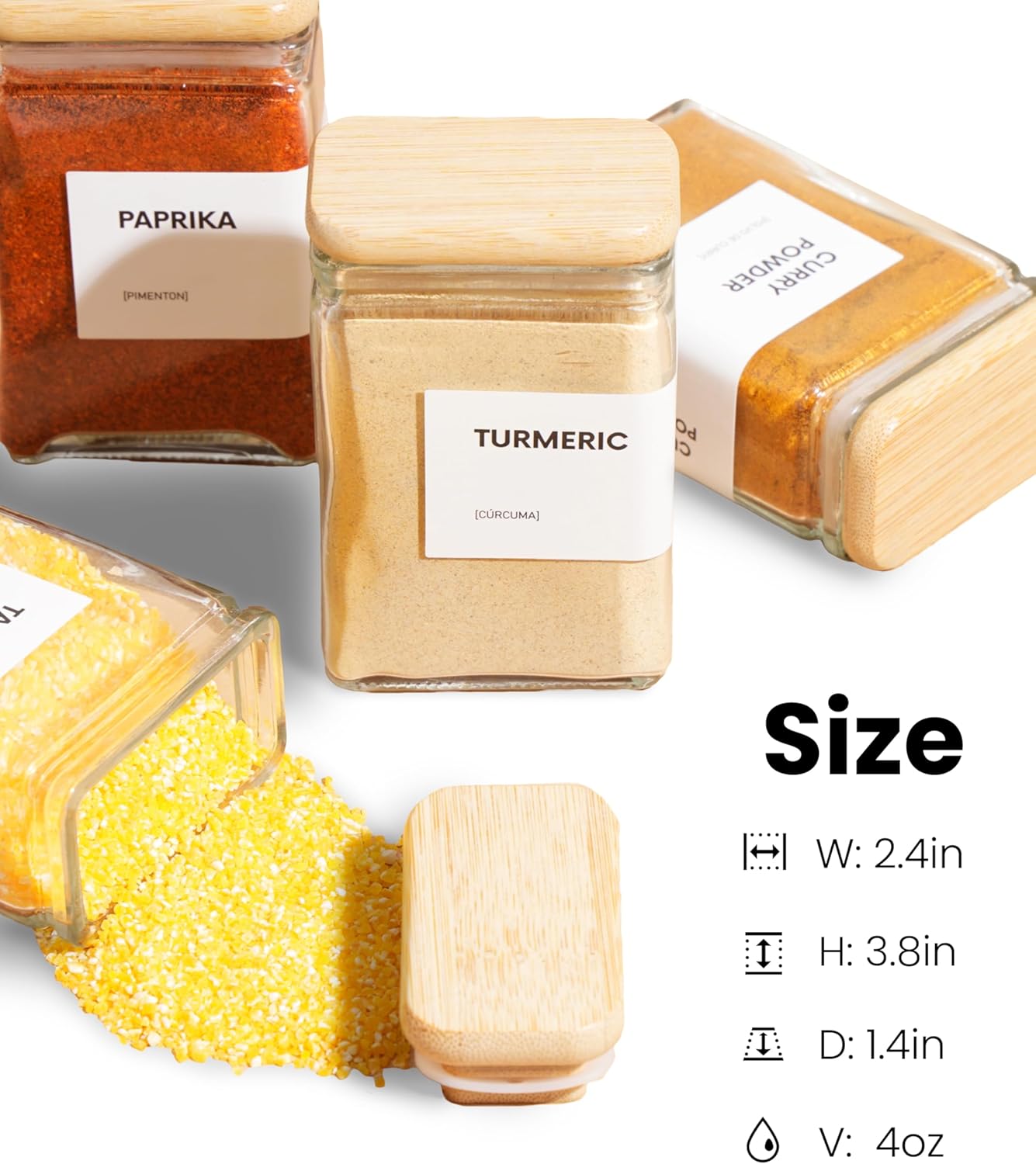 Glass Spice Jars with Labels, 4oz Glass Jars with Bamboo Lids, Square Spice Jars with Labels, Empty Spice Bottles for Seasoning Organizer, Spice Drawer Organizer, 12 Pack (White)
