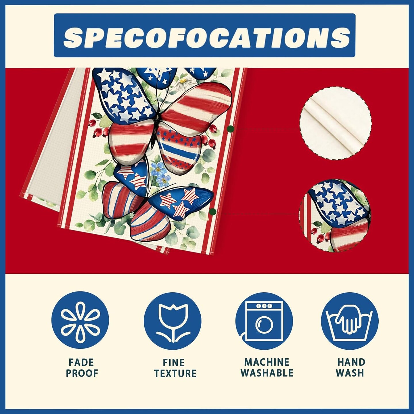 Watercolor America Stars Butterflies Eucalyptus Leaves Patriotic 4th of July Memorial Day Independence Day Table Runner Decoration for Home Kitchen Holiday Party