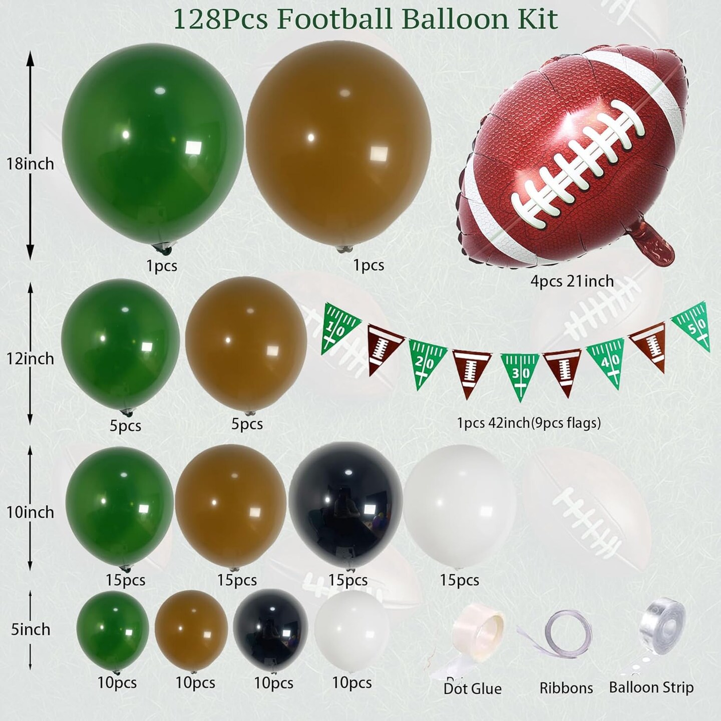 128Pcs Football Party Balloon Arch Garland Kit: Dark Green, Brown, White &#x26; Black Balloons with Football Foil Balloon and Banner for Super Bowl Party, Game Celebrations &#x26; Sports Themed Events