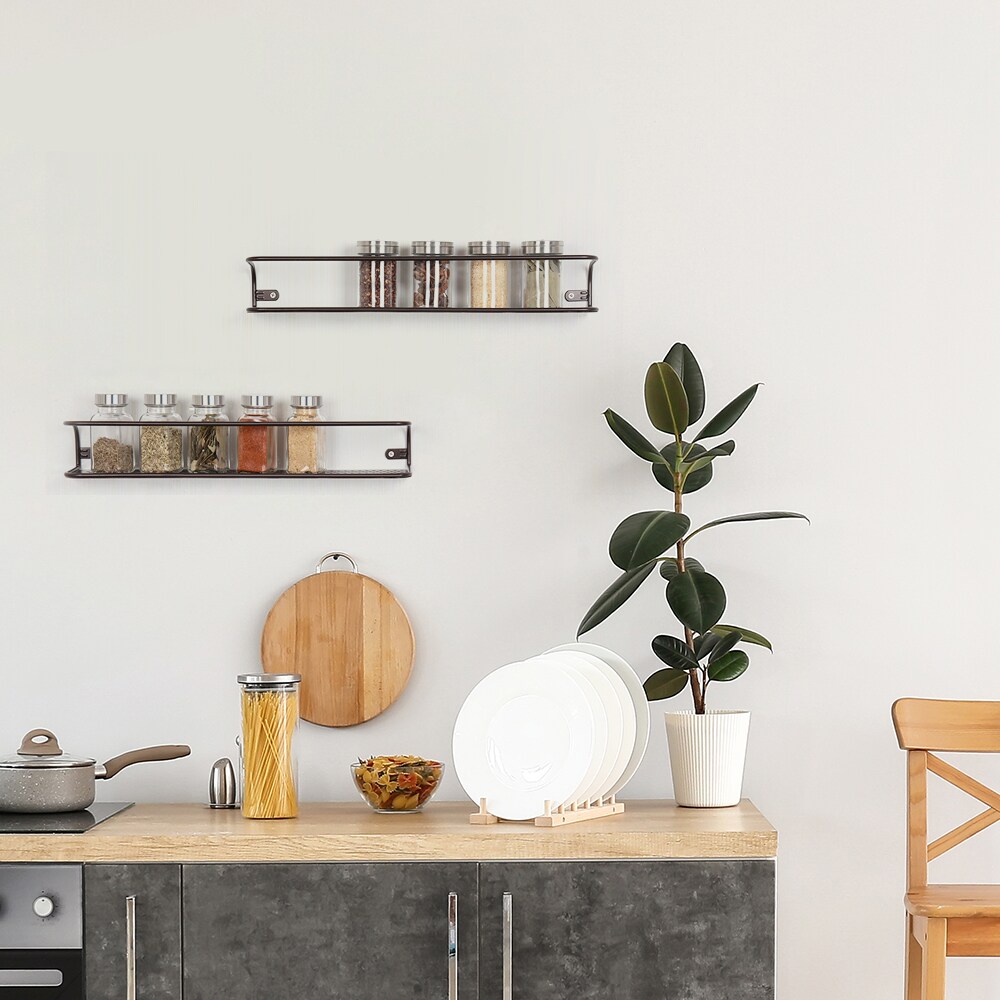 2-Pack Large Wall-Mounted Spice Rack &#x2013; Wide Brown Steel Organizer with Guard Rail for Kitchen, Bathroom, or Countertop Storage
