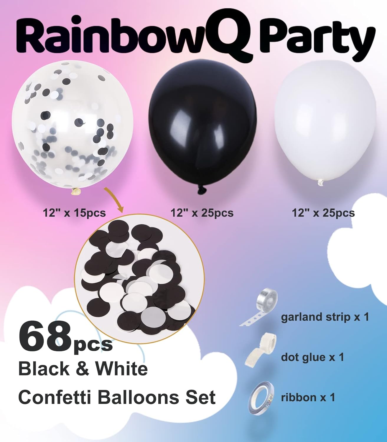 Metallic Shiny Black and White Latex Balloons 12 Inch 68PCS White Black
