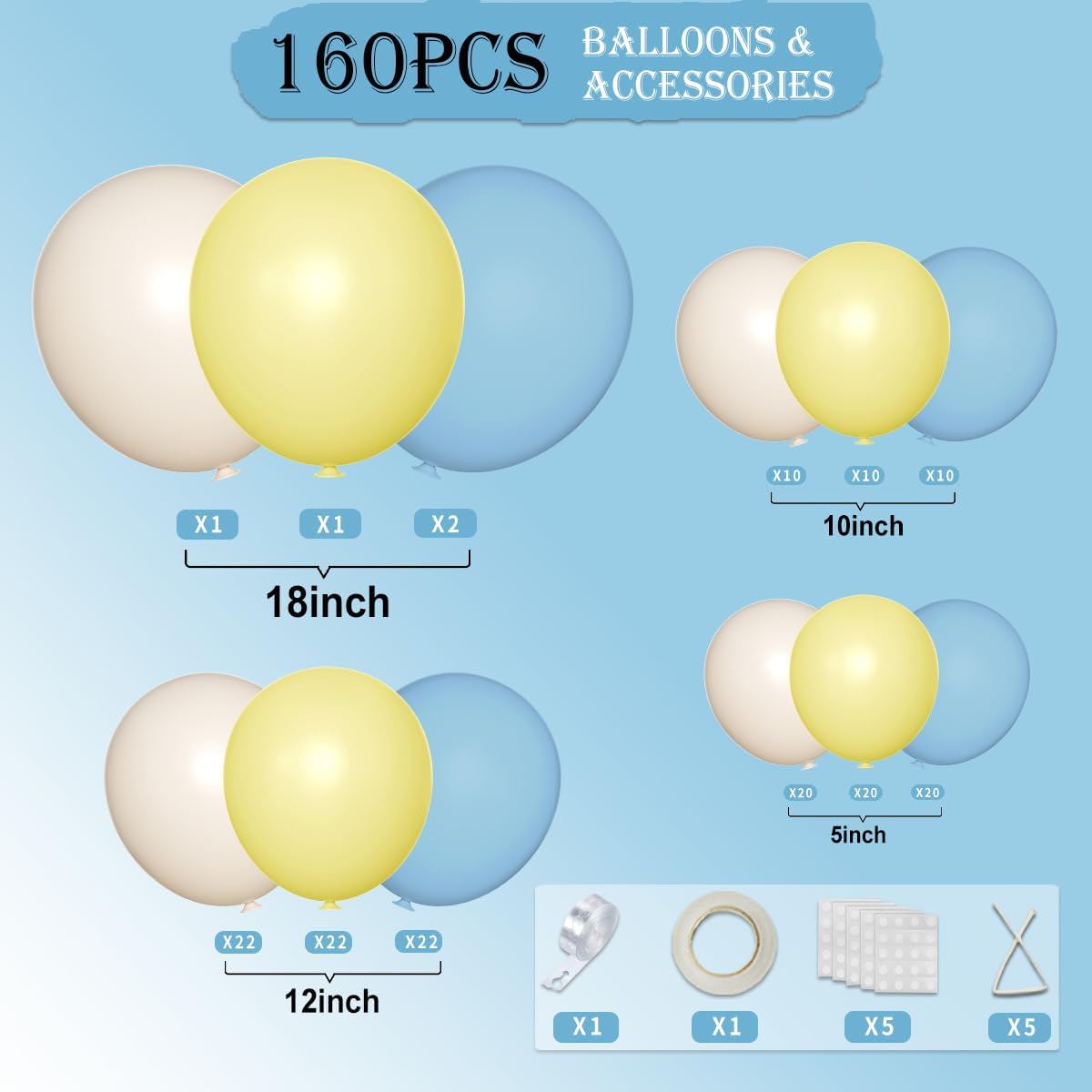 160Pcs Latex Balloons Pastel Yellow Blue White Balloon Garland Arch Kit