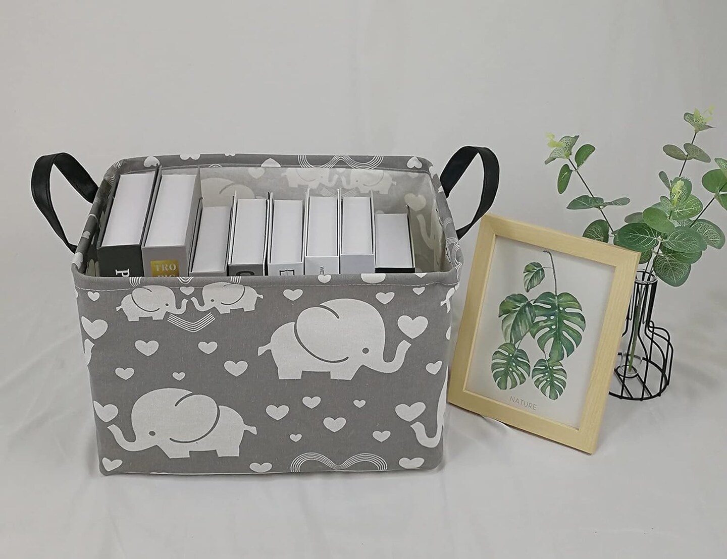 Summer Storage Basket Shelf Storage Basket Organizer Box Clothes Laundry Hamper Toys Nursery Basket Baby Laundry Basket with Handles (REC-Love Elephant)