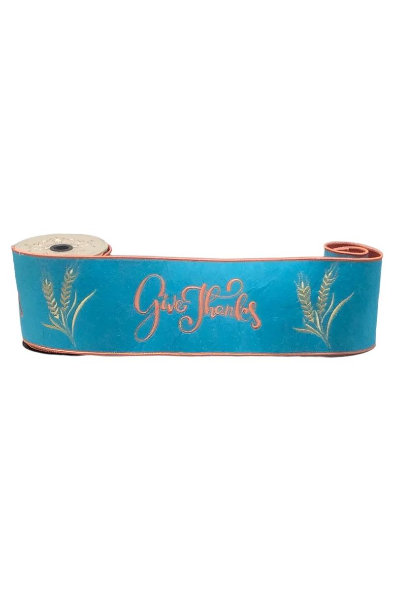 4&#x22; Embroidery Give Thanks Felt Ribbon: Teal (5 Yards)