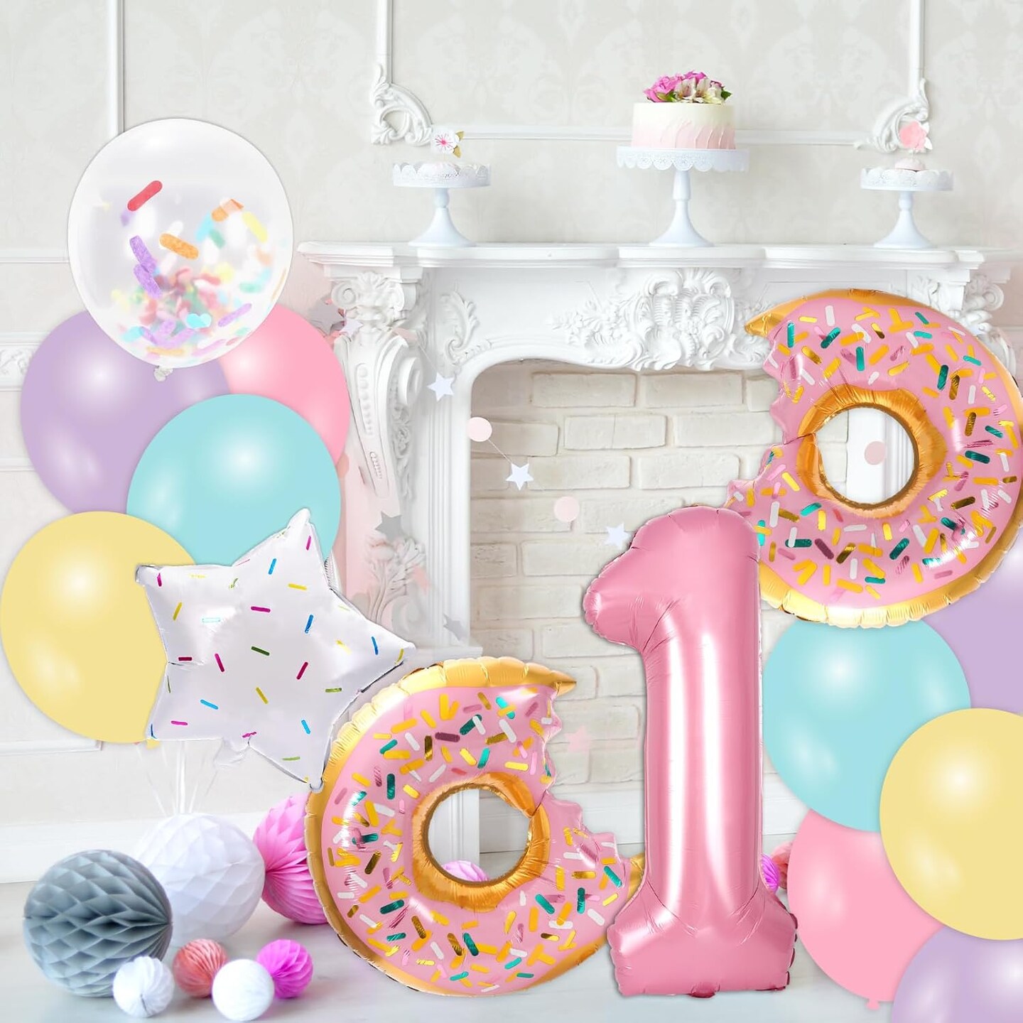 29Pcs Donut First Birthday Party Decorations Colorful Donut Balloons Confetti Star Balloons Number 1 Balloon for Sweet One Donut Birthday Decoration Supplies