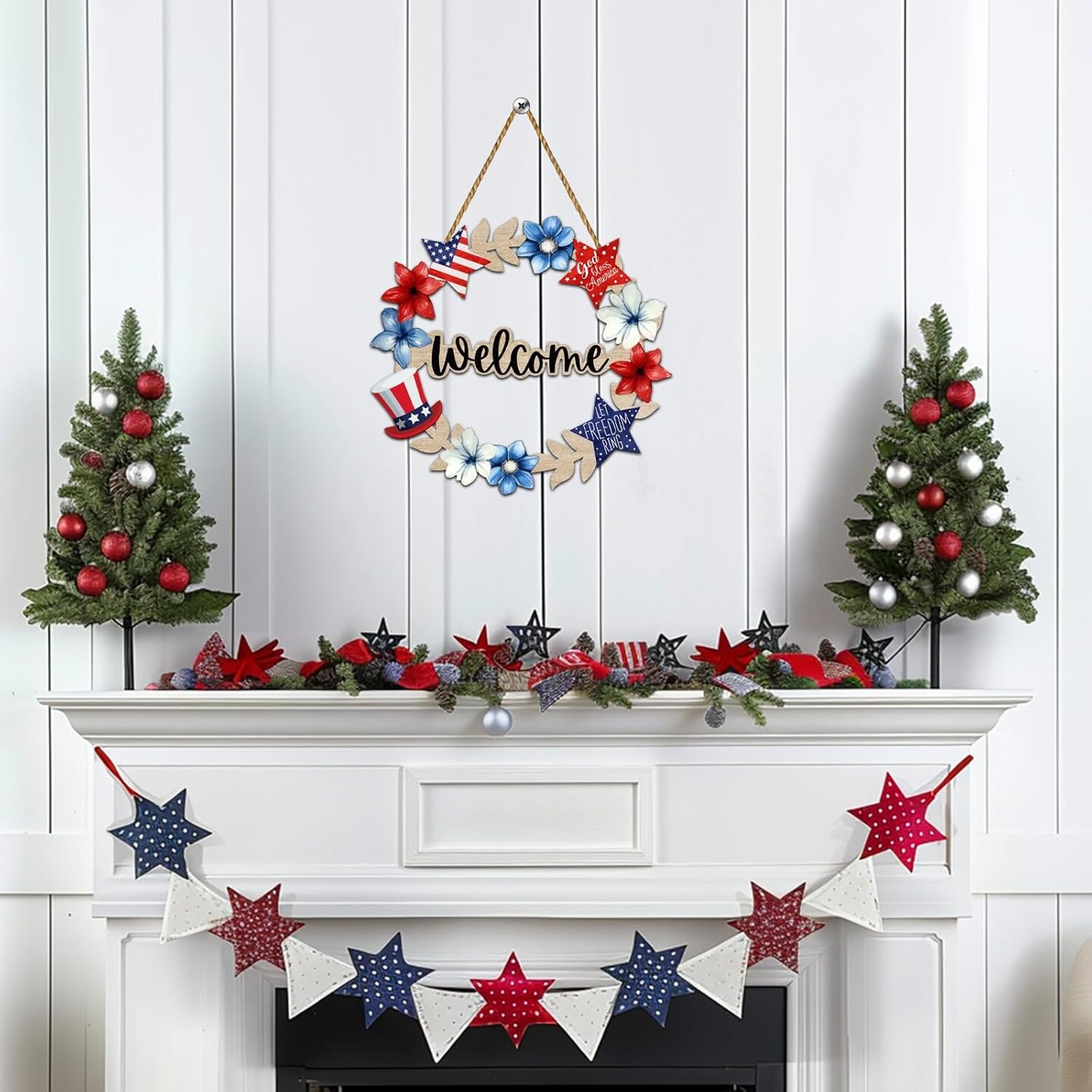 4th of July Decorations 4th of July Wreaths for Front Door Patriotic Wreath Fourth Wall Decor Memorial Day Wooden Welcome Sign Hanging Decor for Porch Wall Indoor Home Decor