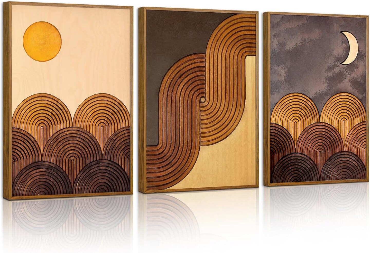Summer Boho Mountain Framed Canvas Wall Art Set, Mid Century Modern Geometric Line Wall Decor, Bohemian Sun and Moon Art Paintings, Beige Brown Wooden Artwork for Living Room Bedroom Office 16"x24"x3