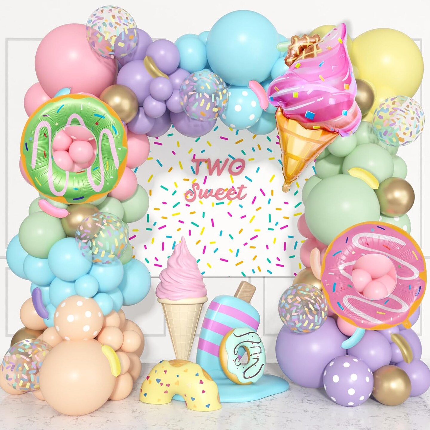 Pastel Donut Balloon Arch Garland Kit, 162pcs Donut Two Sweet One Birthday Party Supplies Girl Pastel Sprinkle Confetti Candy Ice Cream Foil Balloons for First Birthday Party Baby Shower Decoration