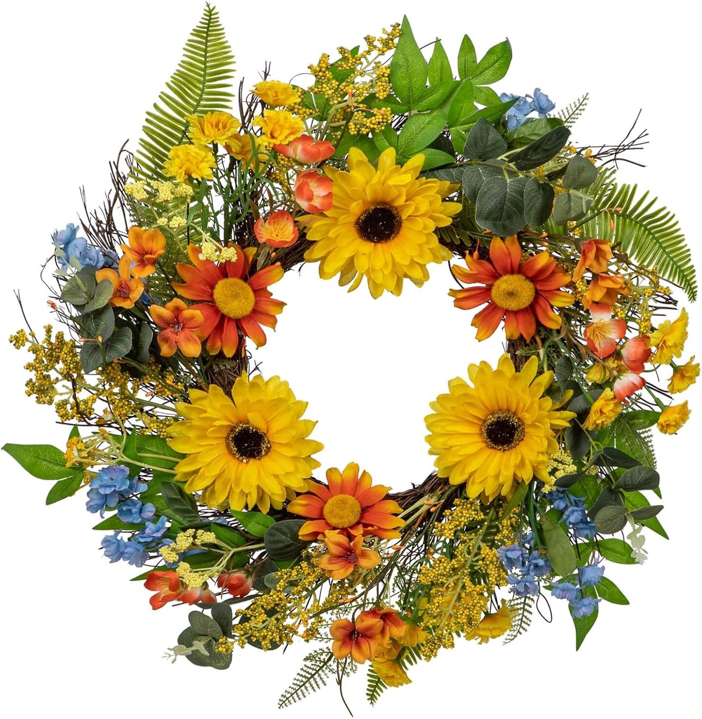 19.7’’ Artificial Sunflowers Wreath Spring Faux Wildflowers in Green Floral Wreath for Home Farmhouse Door Mantle Kitchen Decor