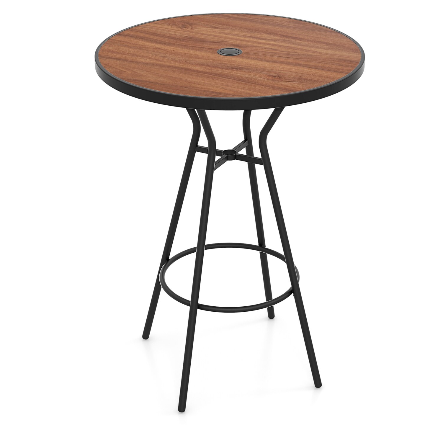 Outdoor Bar Table with Umbrella Hole, Footrest and Metal Base
