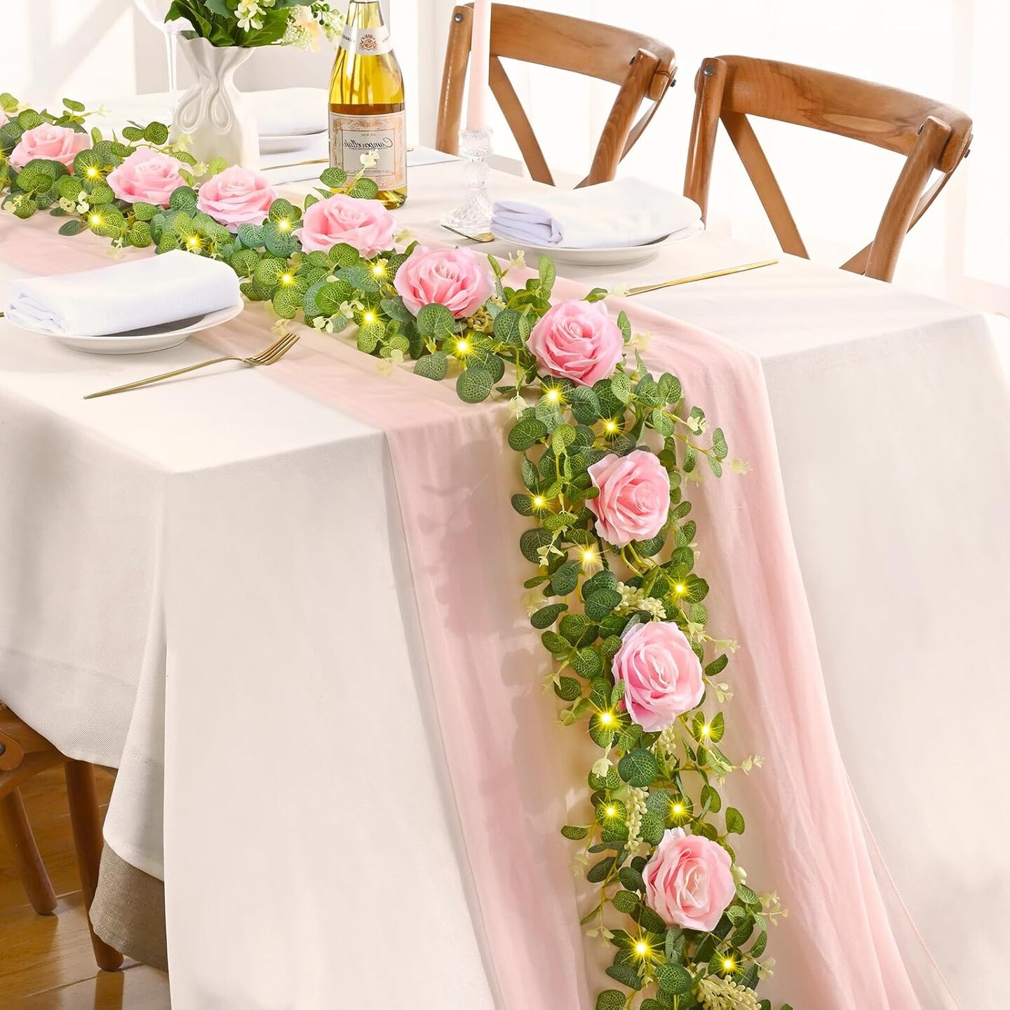 2 Pack 6 FT Artificial Flower Garland with Lights, Fake Floral Garland with Pink Rose, Pink Flower Garland Decorations for Wedding Centerpieces Backdrop Arch Party Room Wall Spring Decor