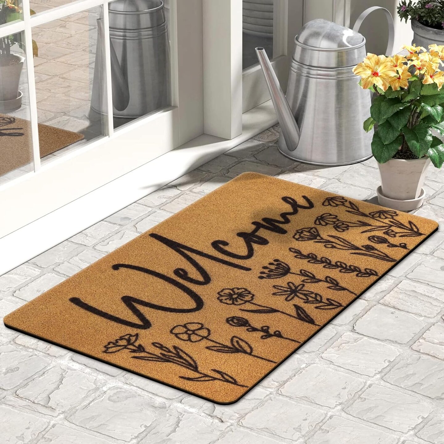 Wildflower Welcome Door Mat, Flower Coir Doormat Spring Boho Decor with Non-Slip Backing Indoor Outdoor Home Entrance Floor Funny Porch Rug Housewarming Gift 29.5&#xD7;17 Inches