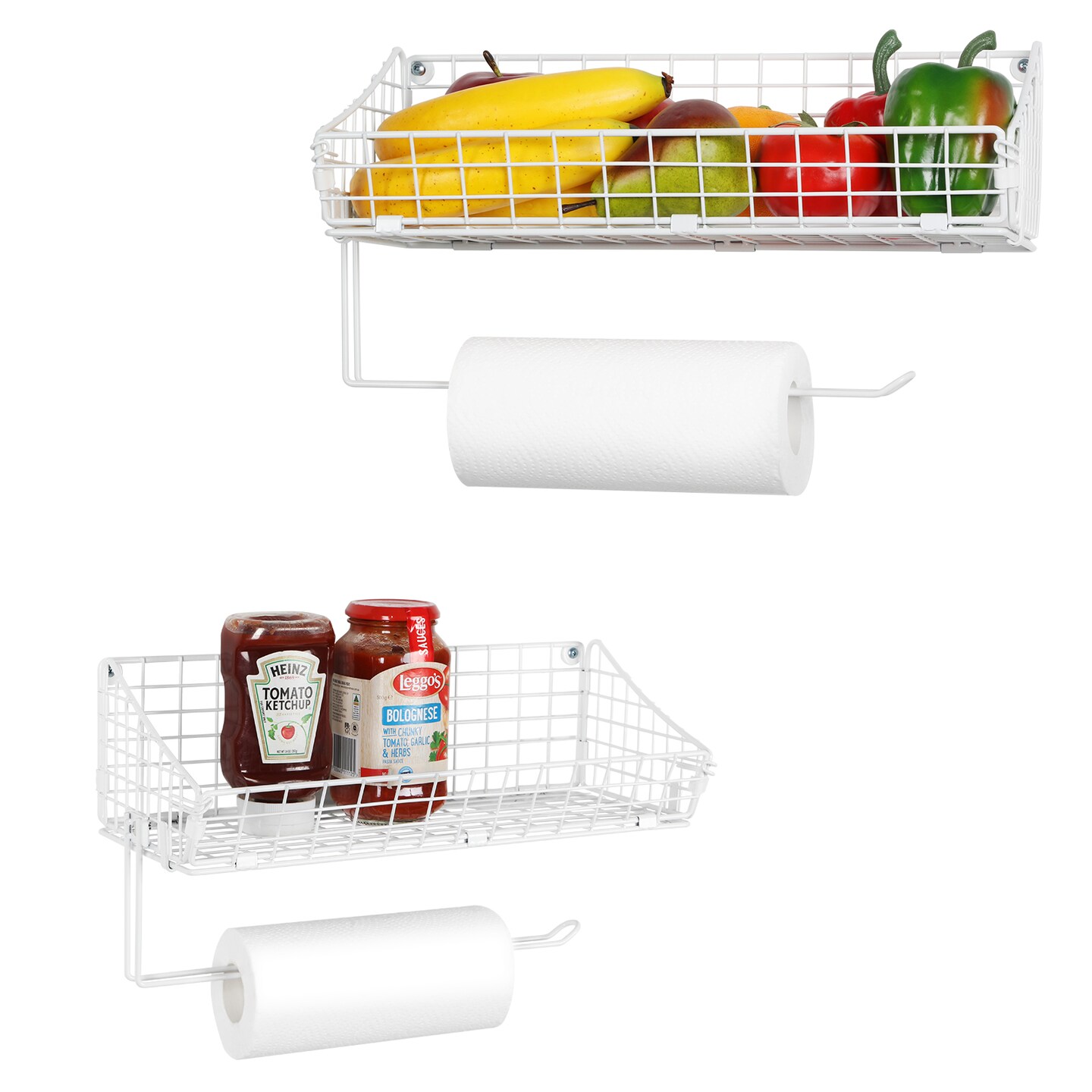 2PCS White Multi-Functional Wall-Mounted Metal Basket Organizer with Foldable Paper Towel Holder &#x2013; Space-Saving Storage Shelf for Kitchen, Bathroom, Bedroom &#x26; Hallway